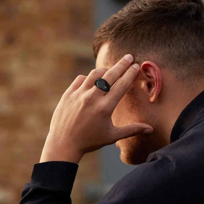 Bestyle Stainless Steel Signet Ring for Men Women in Gold/Black/Silver/Vintage Gray Tone, Chunky Thick Heavy Dome Band Ring Cool Finger Ring, Gift for Dad Husband, Size 7-14 Customizable