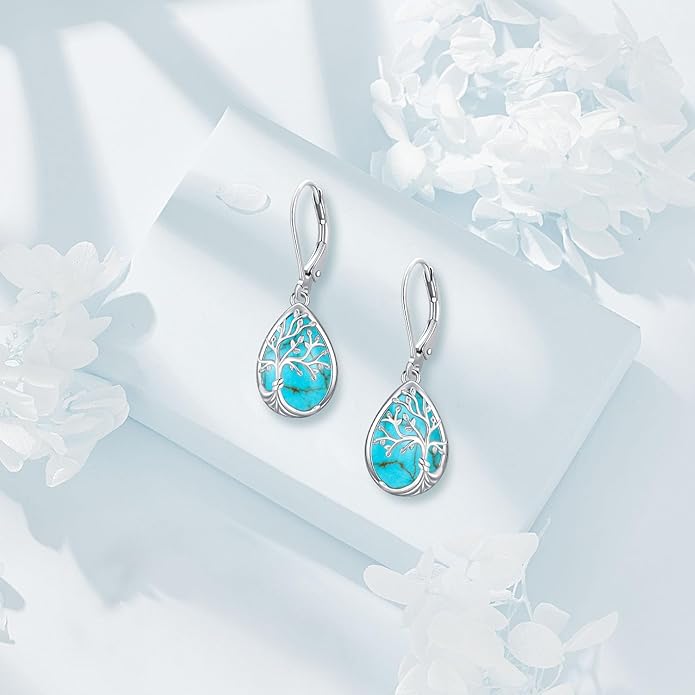 Tree of life Dangle Earrings Sterling Silver Moonstone/Turquoise/Malachite Earrings for Women Filigree Leverback Earrings Jewelry Gifts