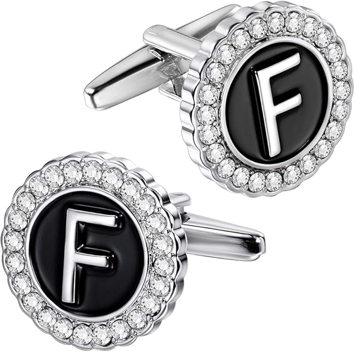 HAWSON A-Z Initial Cufflinks for Men and Women with Clear Crystal, Gold Silver Color Rasied Letter A-Z Cuff Links for French Shirt, Gift for Normal and Business Wearing