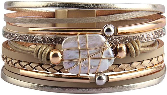 Fesciory Leopard Bracelet for Women, Boho Leather Wrap Multi-Layer Pearl Crystal Bracelet Bangle Jewelry