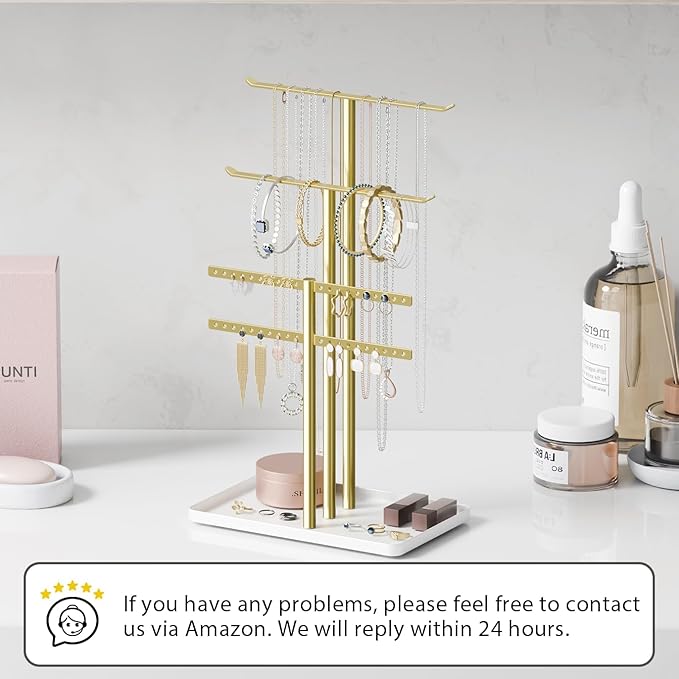 pickpiff Jewelry Stand Holder Organizer: 14.5" Sturdy Hanger for 80 Pcs Jewelry, Gift for Women, Gold Jewlery Tower for Necklace, Earring, Bracelet