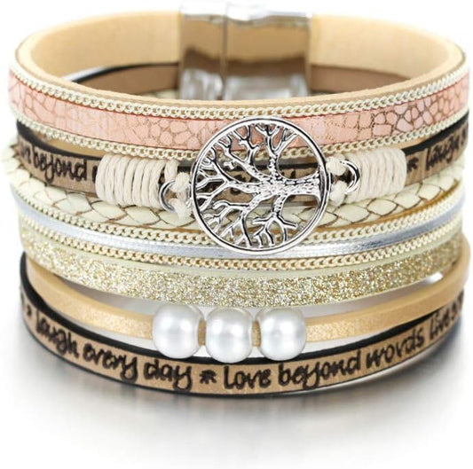 Fesciory Leopard Bracelet for Women, Boho Leather Wrap Multi-Layer Pearl Crystal Bracelet Bangle Jewelry