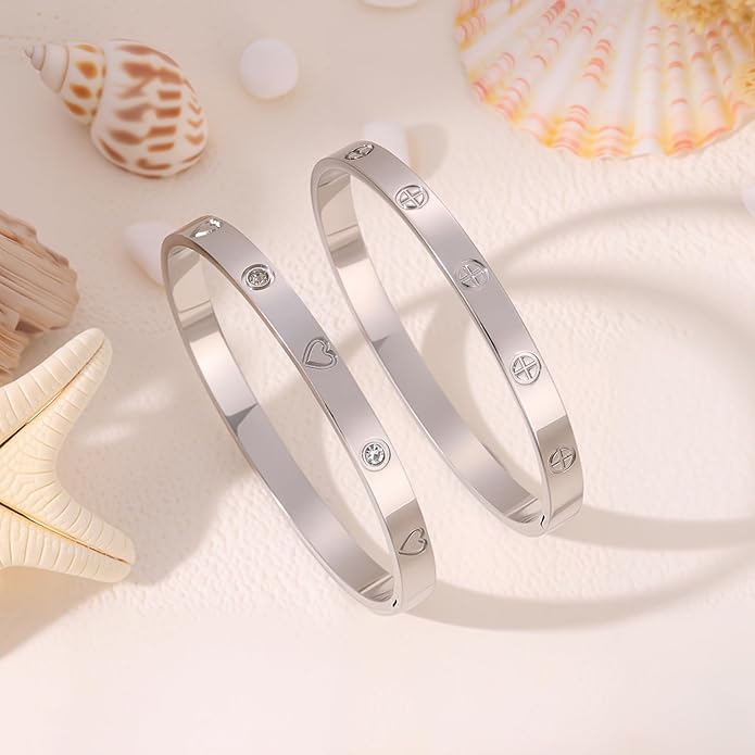 Silver Bangles for Women - Stainless Steel Love & Friendship Bracelet Set with Gift Box | Daily Wear & Party Jewelry