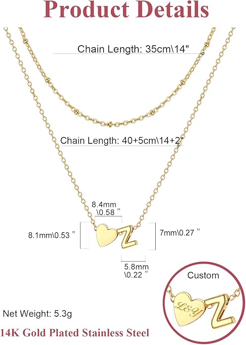 FOCALOOK Layered Initial Necklace for Women, 14K Gold Plated Choker Necklaces Stacks with Initial A-Z, Dainty Silver Heart Pendant Necklace Personalized Birthday Women Jewelry