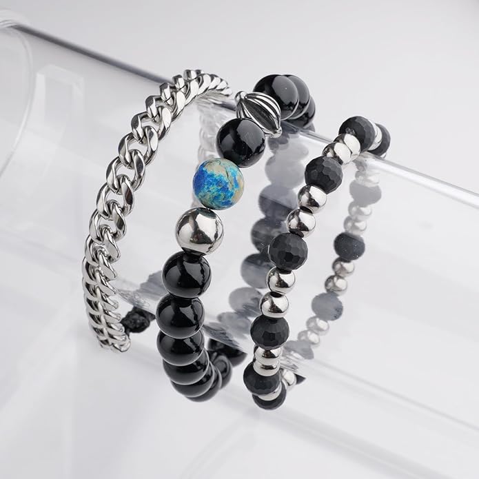 3pc Mens Beaded Bracelets Silver Stainless Steel Chain Bracelet for Men Handmade Braided Bracelet Sets Jewelry Gifts for Men