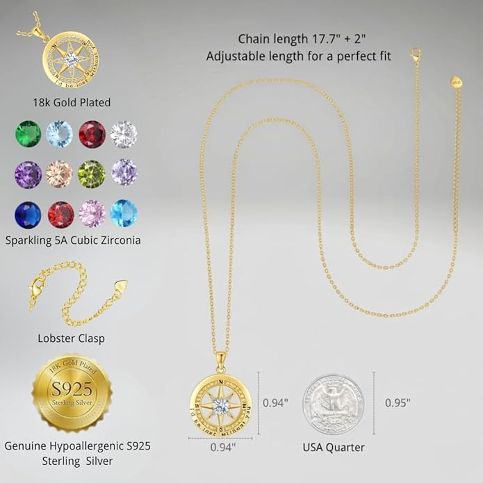Compass Necklace for Women Wife Girlfriend Mom Daughter Gifts S925 Silver Jewelry For Anniversary Rose Gold Gifts For Birthday Christmas Mothers Valentines Day 12 Birthstones
