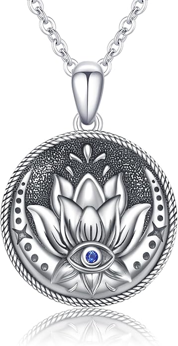 Evil Eye Necklace Sterling Silver Lotus Necklaces Evil Eye Pendant Spiritual Protection Amulet Jewelry Birthday Mother Gifts for Women Men