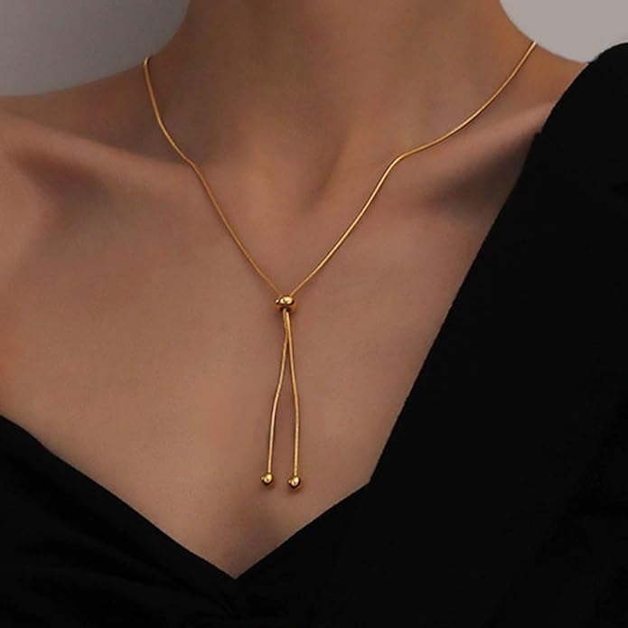 Stainless Steel Beaded Adjustable Long Y Necklace for Women Tassel Dress Sweater Chain Necklace Adjustable Y Necklace Trendy Long Jewellery