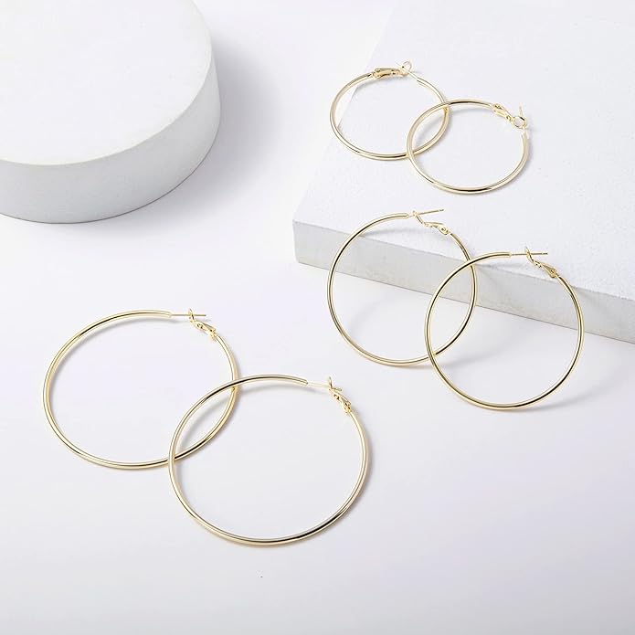 Big Gold Hoop Earrings for Women Hypoallergenic 925 Sterling Silver Post Thin Loop 14K Gold Plated Hoop Earrings Set for Women, 3 Pairs