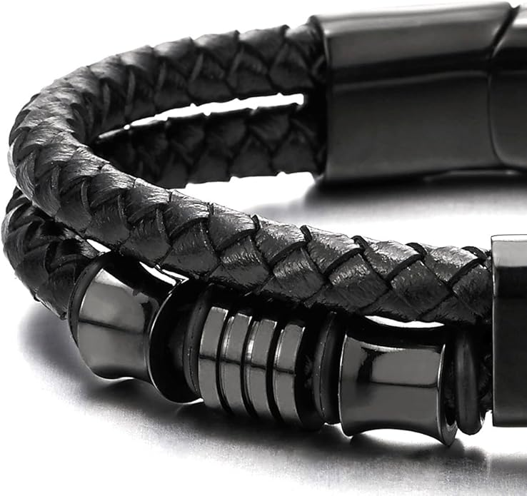 COOLSTEELANDBEYOND Mens Double-Row Braided Leather Bracelet Bangle Wristband with Stainless Steel Ornaments