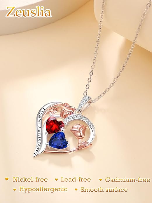 Zeuslia Double Birthstone Necklace Gifts for Wife - 925 Sterling Silver Sunflower/Rose/Crown Cross/Compass/Heart Pendant I Love You Necklace, Anniversary Birthday Gifts for Wife Girlfriend Mom Her