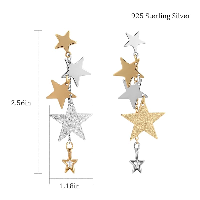 Gold and Silver Sparkly Big Star Drop Earrings Mixed Metal Two Tone Long Tassel Stud Earrings for Women Star Dangling Celestial Jewelry