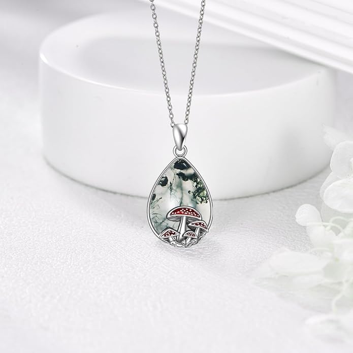 YAFEINI Mushroom Necklace Moonstone/Moss Agate/Malachite/Labradorite/Turquoise/Amber/Larimar/Black Onyx/Lapis Lazuli/Peridot/Opal Sterling Silver Mushroom Pendant Mother's Day Jewelry for Women Mom