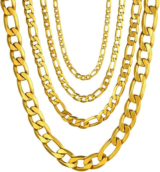 PROSTEEL 316L Stainless Steel Figaro Cuban Chain Necklace for Men, Black/18K Real Gold Plated, 4/5/6/7.5/9/10/13mm, 14inch-30inch, Come with Box