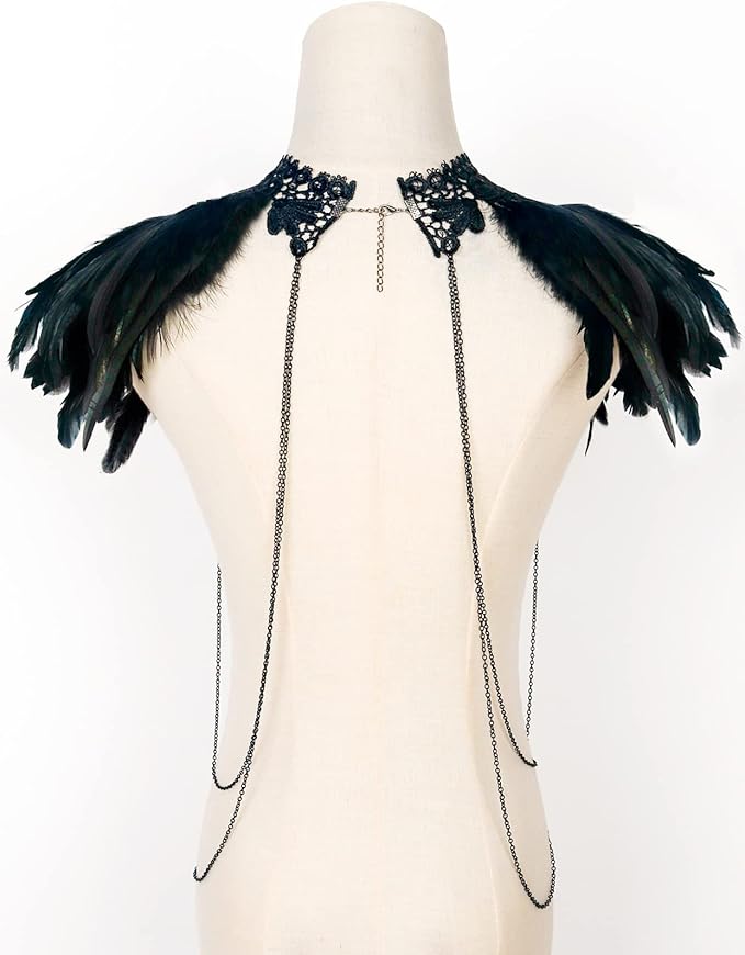 L'VOW Real Black Feather Harness Lace Collar Necklace Bib Halloween
