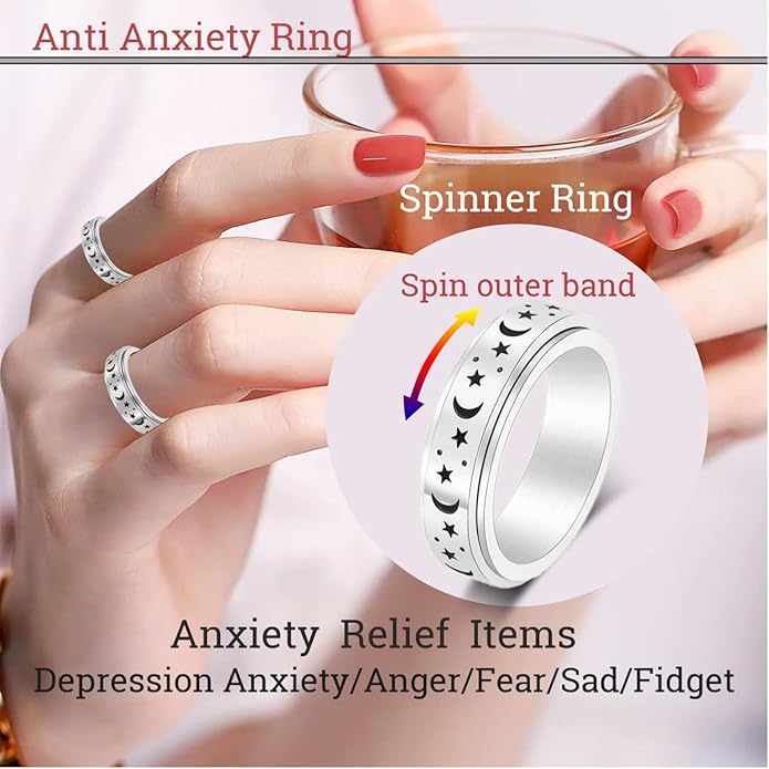 AmorArtSky Anxiety Ring for Women Men, Titanium Stainless Steel Spinner Ring, 5 Colors, 6MM, Size 6-10, 3 Styles Anxiety Ring-Moon Star, Sandblasted Finished, Hollow Outer