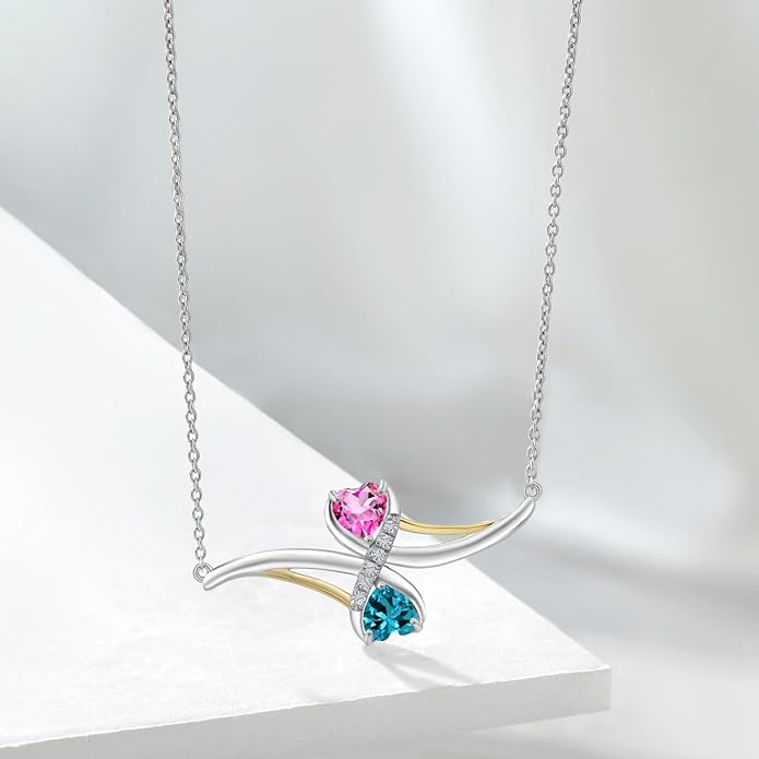 925 Sterling Silver and 10K Yellow Gold Customized and Personalized Name Engraved 2-Stone Heart Shape Gemstone Birthstone and Lab Grown Diamond Mothers Pendant Necklace For Women with 18 Inch Chain