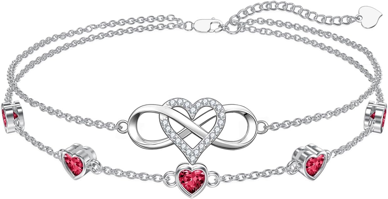 Dorunmo 925 Sterling Silver Infinity Heart Birthstone Anklet Bracelets for Women Best Mother's Day Birthday Jewelry for Wife Girlfriend Mom Her