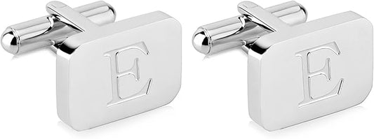 18K White-Gold Plated Initial Engraved Stainless Steel Men’s Cufflinks With Gift Box -Personalized Alphabet Letter’s A-Z By Lux & Pair