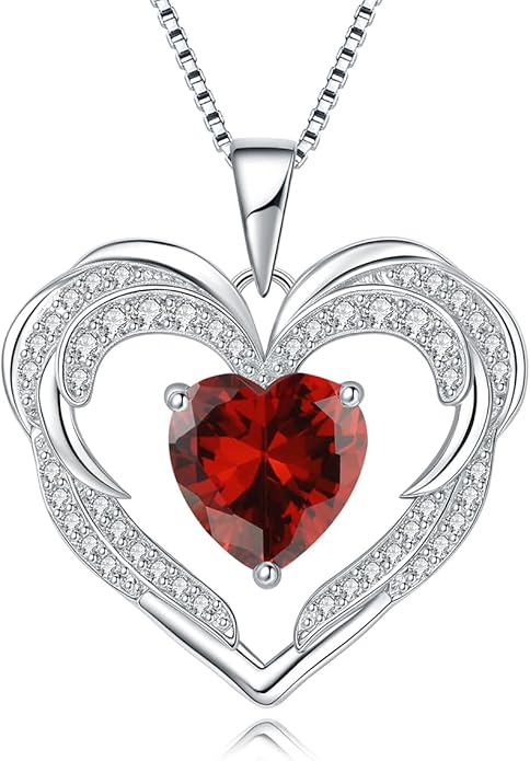 Heart Necklaces Valentine's Gift for Women, Birthstone 925 Sterling Silver Angel Wings Love Pendant Necklaces for Women, Jewelry Gifts for Wife, Anniversary, Mother's day