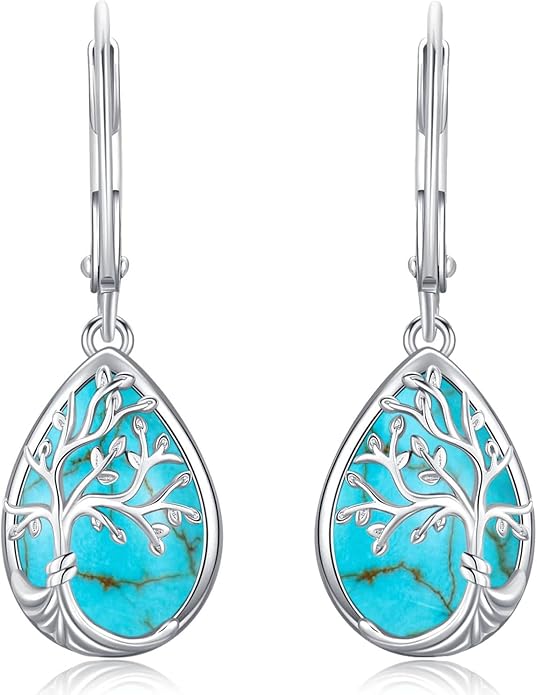 Tree of life Dangle Earrings Sterling Silver Moonstone/Turquoise/Malachite Earrings for Women Filigree Leverback Earrings Jewelry Gifts