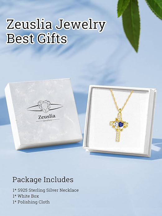 Zeuslia Double Birthstone Necklace Gifts for Wife - 925 Sterling Silver Sunflower/Rose/Crown Cross/Compass/Heart Pendant I Love You Necklace, Anniversary Birthday Gifts for Wife Girlfriend Mom Her