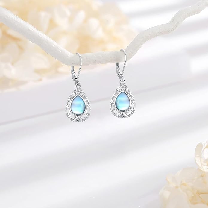 Sterling Silver Tree of Life/Flower/Bee/Animals/Cat/Hummingbird Dangle Earrings Moonstone Turquoise Drop Leverback Earrings Jewelry Gifts