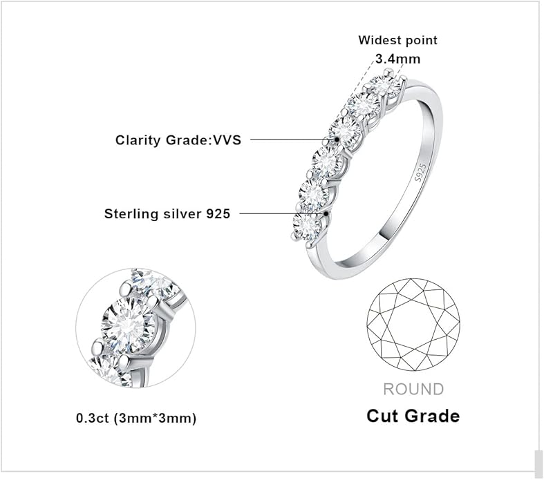 JewelryPalace 6 Stone Cubic Zirconia Half Eternity Stackable Wedding Rings for Women, 14K White Yellow Rose Gold Plated 925 Sterling Silver Promise Rings for Her, Simulated Diamond Wedding Band Ring
