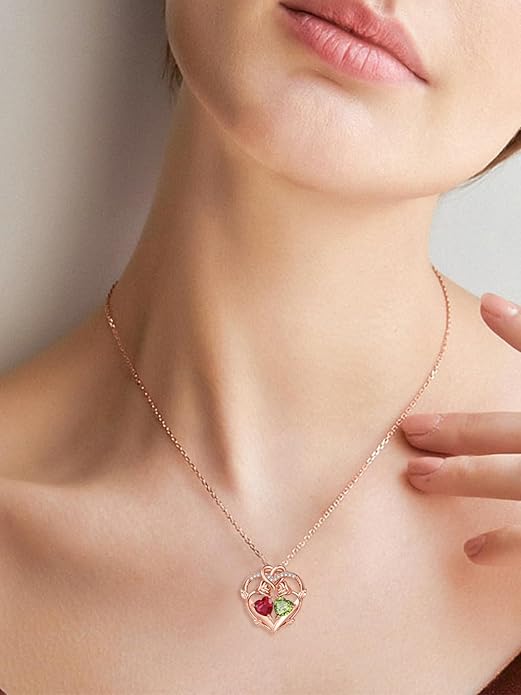 Rose Gold Necklaces for Women Double Birthstone Rose Flower Heart Pendant Necklace Jewelry Anniversary Christmas Valentine's Mother's Day Birthday Gift for Wife Mom Her Girlfriend Sister