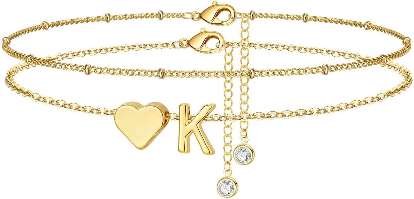 M MOOHAM Gold Initial Ankle Bracelets for Women - Layered Heart Letter A-Z Initial Dainty Gold Anklets for Women Waterproof, Womens Anklets Jewelry Birthday Gifts Jewelry