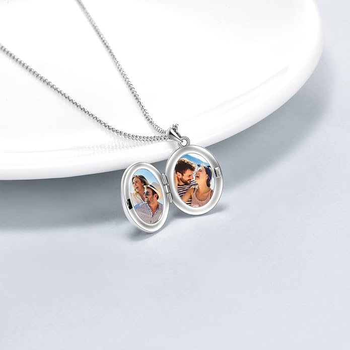 TIGER RIDER Sterling Silver Photo Locket Necklace That Holds Pictures Oval Shaped Photo Jewelry for Mother Daughter Wife