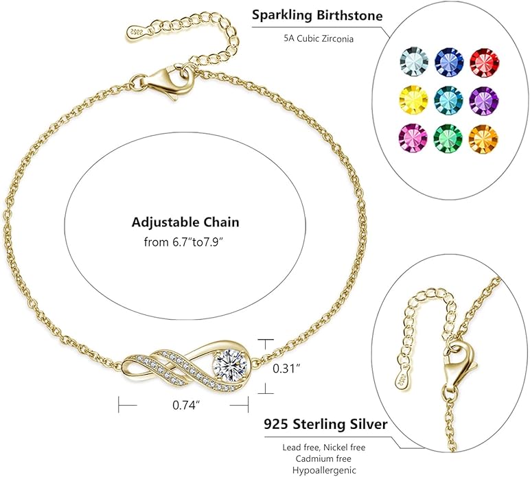 Birthstone Bracelets for Women 925 Sterling Silver Created Gemstone Bracelet Infinity Pendant Jewelry for Her, 6.7"+1.2"