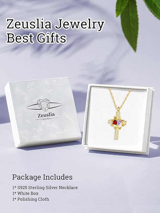Zeuslia Double Birthstone Necklace Gifts for Wife - 925 Sterling Silver Sunflower/Rose/Crown Cross/Compass/Heart Pendant I Love You Necklace, Anniversary Birthday Gifts for Wife Girlfriend Mom Her