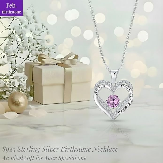 Birthstone Heart Necklace for Women Wife Girlfriend Mom Daughter Gifts S925 Silver Jewelry For Anniversary Rose Gold Gifts For Birthday Christmas Mothers Valentines Day