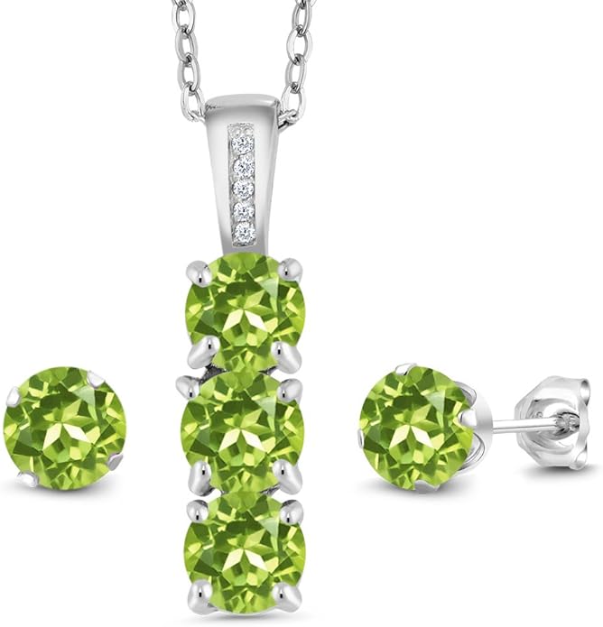 Gem Stone King 925 Sterling Silver 5MM Gemstone Birthstone and White Diamond 3-Stone Pendant and Earrings Jewelry Set For Women | With 18 Inch Chain