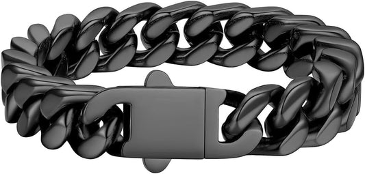FaithHeart Mens Stainless Steel Cuban Link Bracelet - 5/7/9/12mm Width 7.5"/8.3"/9" Black/Silver/Gold Plated Heavy Duty Wrist Chain Bracelet Hip Hop Jewelry Birthday Gifts for Him