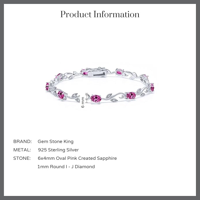 Gem Stone King 925 Sterling Silver Pink Created Sapphire and Diamond Greek Vine Tennis Bracelet For Women (4.63 Cttw, 7 Inch, Oval 6X4MM)