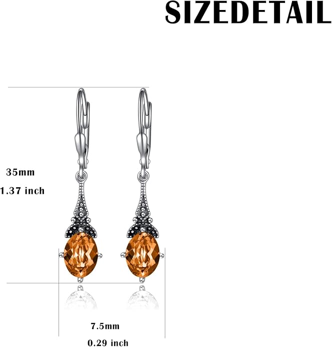 AOBOCO Vintage Earrings for Women Sterling Silver Retro Drop Dangle Leverback Earrings with 8x6mm Oval Genuine or Simulated Birthstone Crystal from Austria, Anniversary Jewelry Gifts for Her Women