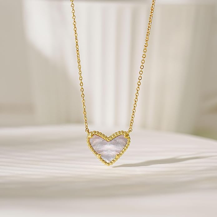 Heart Necklace for Women Dainty 14K Gold Filled Necklace Cute Heart Pendant Adjustable Chain Necklace Trendy Non Tarnish Gold Mother of Pearl Necklace for Wedding Christmas Valentines Day Gifts