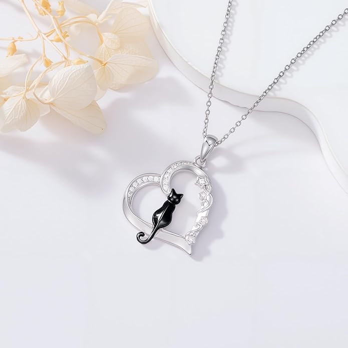 Cat Gifts for Women 925 Sterling Silver Heart Moon Cat Necklace Pendant Women Jewelry Halloween Christmas Gifts