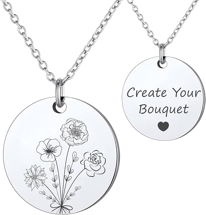 Anavia -Build Your Own Bouquet- Birthmonth Flowers Necklace, Personalized Engraved Floral Coin Necklace, Customized Birthday Gifts Love Jewelry for Her Mom Sisters Family