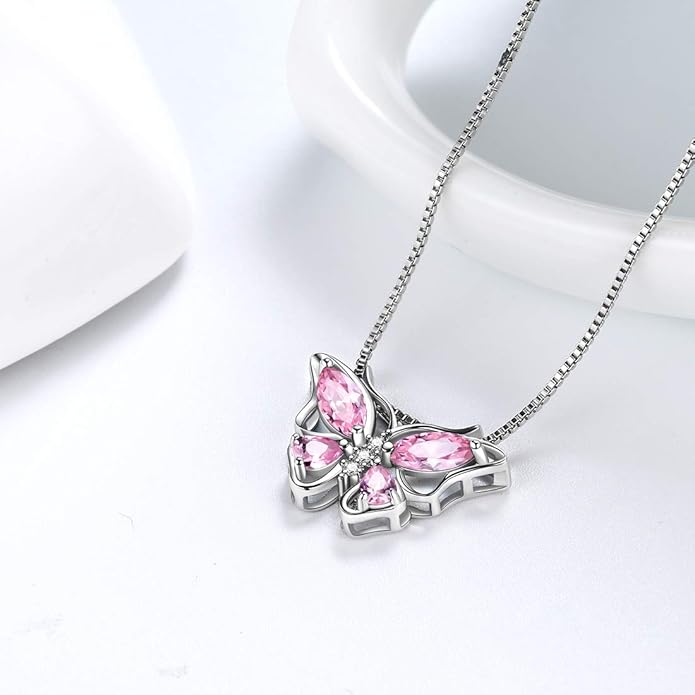 Aurora Tears Butterfly Birthstone Pendant Necklace - Women 925 Sterling Silver Butterflies Birthstone Pendant Necklace Jewelry Birthday Gift for Women