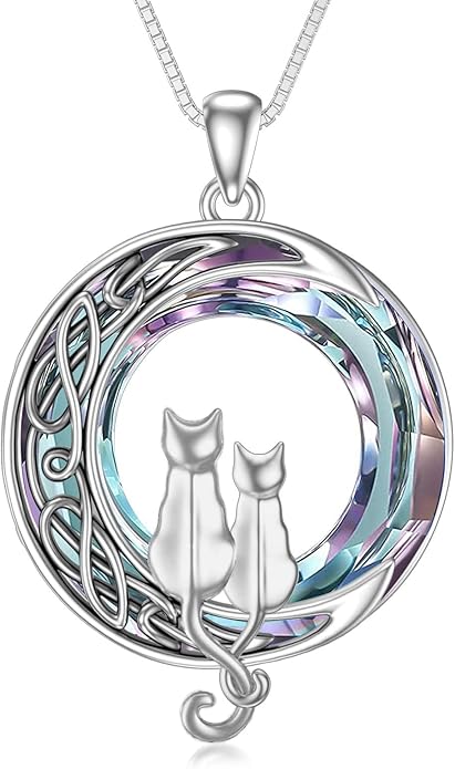 TOUPOP Christmas Cat Gifts for Cats Lovers One Two Three Four Cats Necklace Sterling Silver Cats on the Moon Pendant Necklace with Blue Circle Crystal Birthday Christmas Celtic Jewelry Gifts for Women
