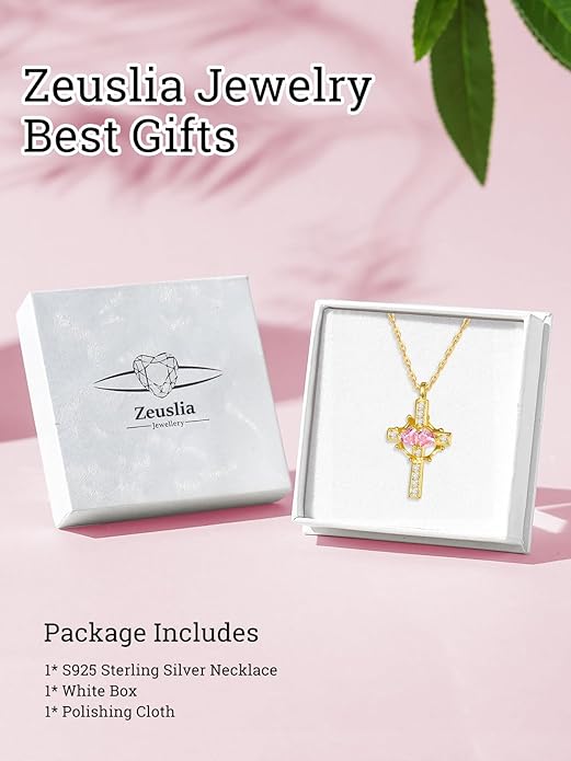 Zeuslia Double Birthstone Necklace Gifts for Wife - 925 Sterling Silver Sunflower/Rose/Crown Cross/Compass/Heart Pendant I Love You Necklace, Anniversary Birthday Gifts for Wife Girlfriend Mom Her