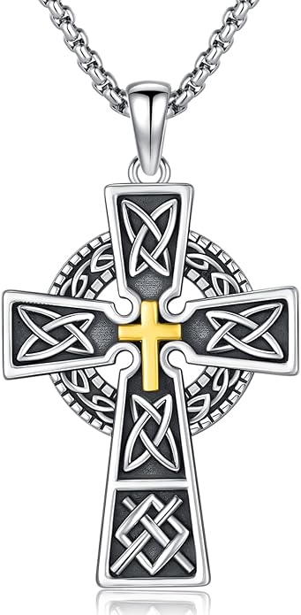 Midir&Etain Celtic Cross Necklace 925 Sterling Silver Cross Pendant Necklace Celtic Viking Irish Jewelry Religious Protective Gift for Men Women