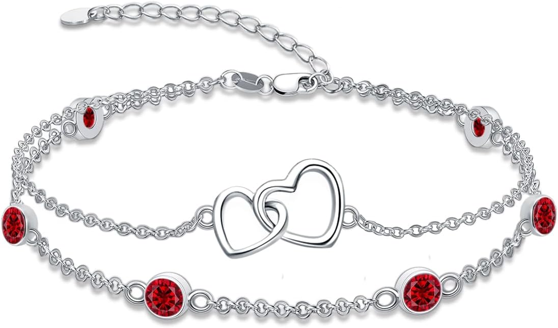 Dorunmo Heart Birthstone Bracelet Anklet for Women 925 Sterling Silver Birthday Jewelry Gifts for Women Wife
