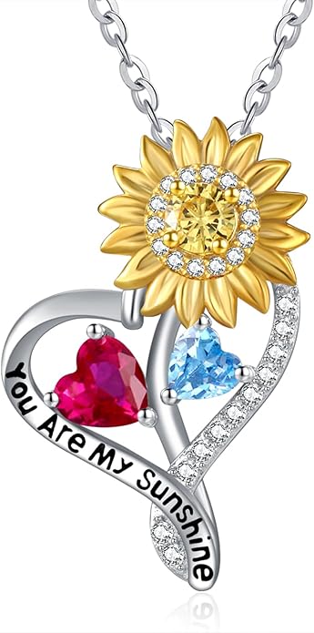 Zeuslia Double Birthstone Necklace Gifts for Wife - 925 Sterling Silver Sunflower/Rose/Crown Cross/Compass/Heart Pendant I Love You Necklace, Anniversary Birthday Gifts for Wife Girlfriend Mom Her