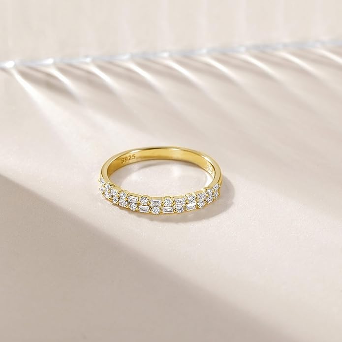 EAMTI 925 Sterling Silver Wedding Bands for Women Baguette Round Cubic Zirconia Two-Row Eternity Band Stackable Engagement Rings Size 4-10