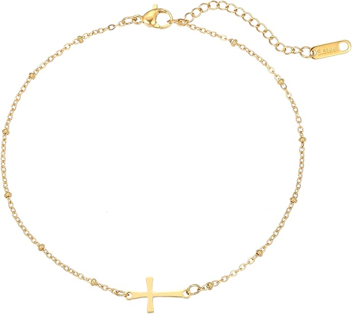 Ankle Bracelets for Women Dainty 18K Gold Plated Anklet Waterproof Round Beaded Paperclip Herringbone Pearl Chain Anklets Waterproof Beach Foot Jewelry