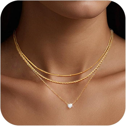 KSF Gold Layered Necklaces for Women - 18K Gold Plated Choker Necklace, 3PCS Women's Cubic Zirconia Choker Simple Dainty Stackable Pendant Necklaces Trendy Jewelry Gift for Women